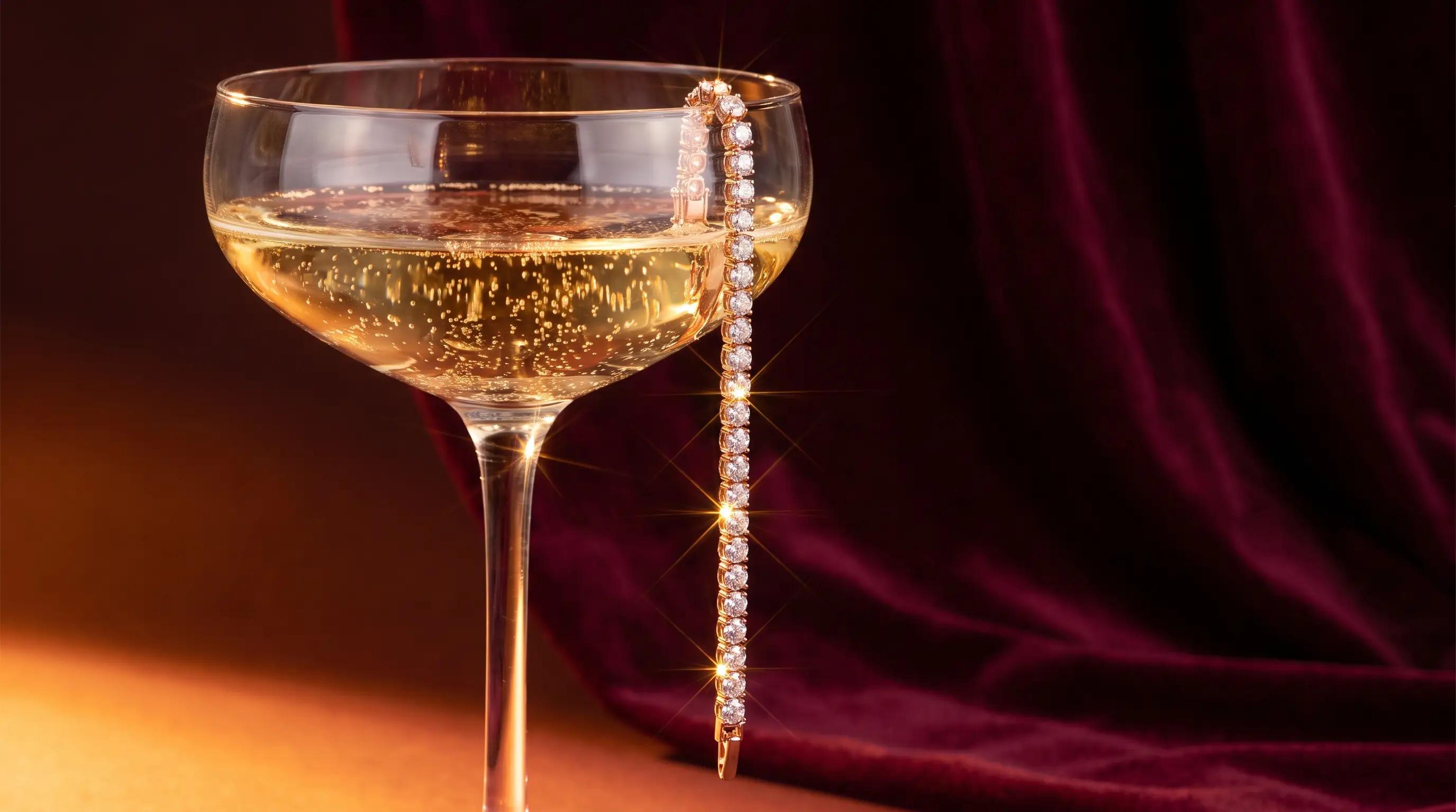 ROSY campaign frame — the tennis bracelet draped over a champagne coupe