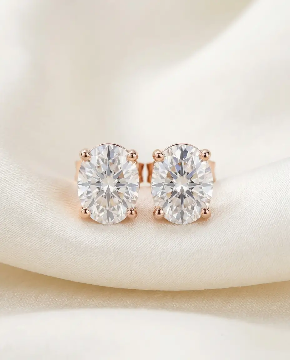 Oval-cut moissanite stud earrings in 18K rose gold plated sterling silver